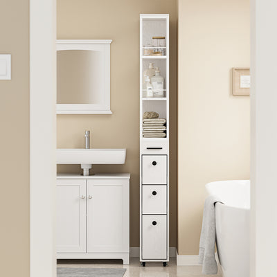SoBuy NSR13-WG Chariot de Rangement Étroit 20 cm sur Roulettes, 170 cm de Haut, 3 Tiroirs et 3 Étagères, Barres Anti-chute – Blanc