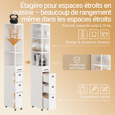 SoBuy NSR13-WG Chariot de Rangement Étroit 20 cm sur Roulettes, 170 cm de Haut, 3 Tiroirs et 3 Étagères, Barres Anti-chute – Blanc