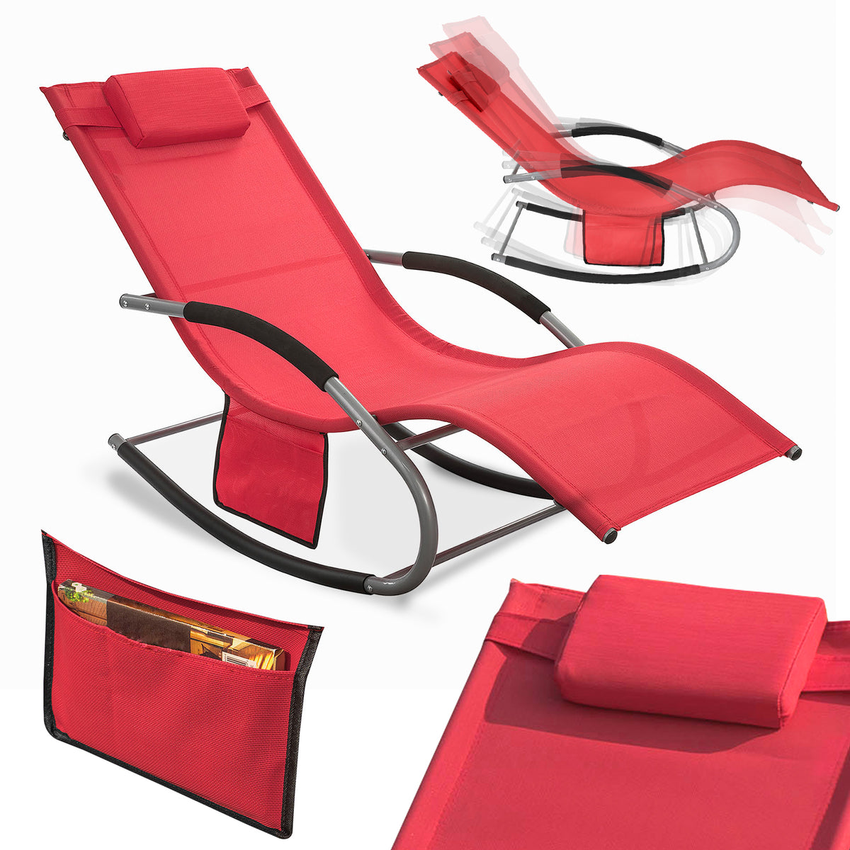 SoBuy OGS28-R Chaise Longue Transat de Jardin Bascule avec Appui-tête Réglable et Pochette latérale