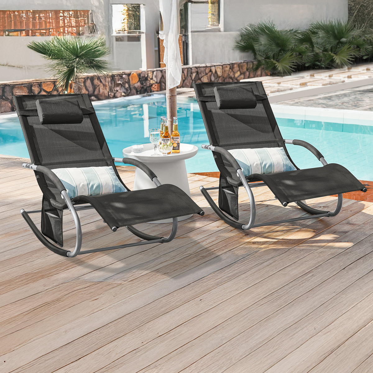SoBuy OGS28-SCHx2 Lot de 2 Chaise Longue Transat de Jardin Bascule avec Appui-tête Réglable et Pochette latérale