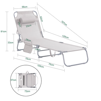 SoBuy OGS35-MIx2 Lot de 2 Transats de Jardin Pliable avec Oreiller et Poche Latérale, Chaise Longue Relax, Design Fonctionnel – L155×P56×H81 cm, Beige