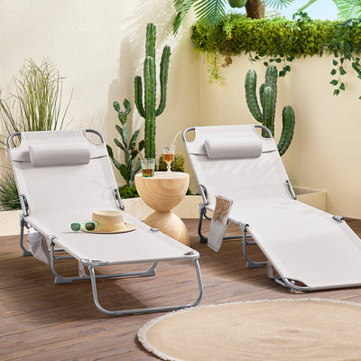 SoBuy OGS35-MIx2 Lot de 2 Transats de Jardin Pliable avec Oreiller et Poche Latérale, Chaise Longue Relax, Design Fonctionnel – L155×P56×H81 cm, Beige