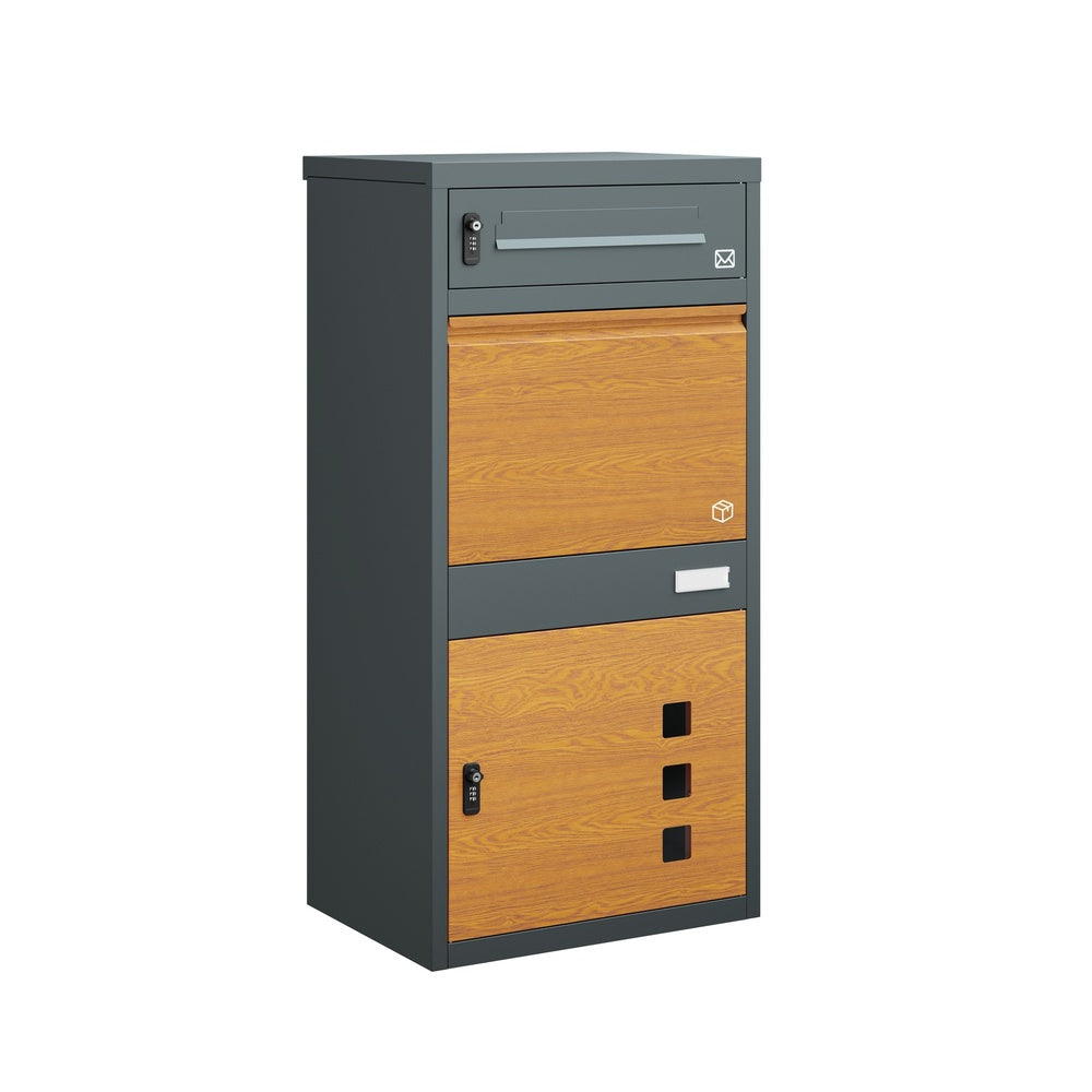 SoBuy OGS67-N Boîte aux Lettres avec Compartiment Colis Sécurisée – Serrure à Code et Clé, Acier Anthracite Aspect Bois, 3 Portes – 55×41,3×112 cm, Charge 40 kg