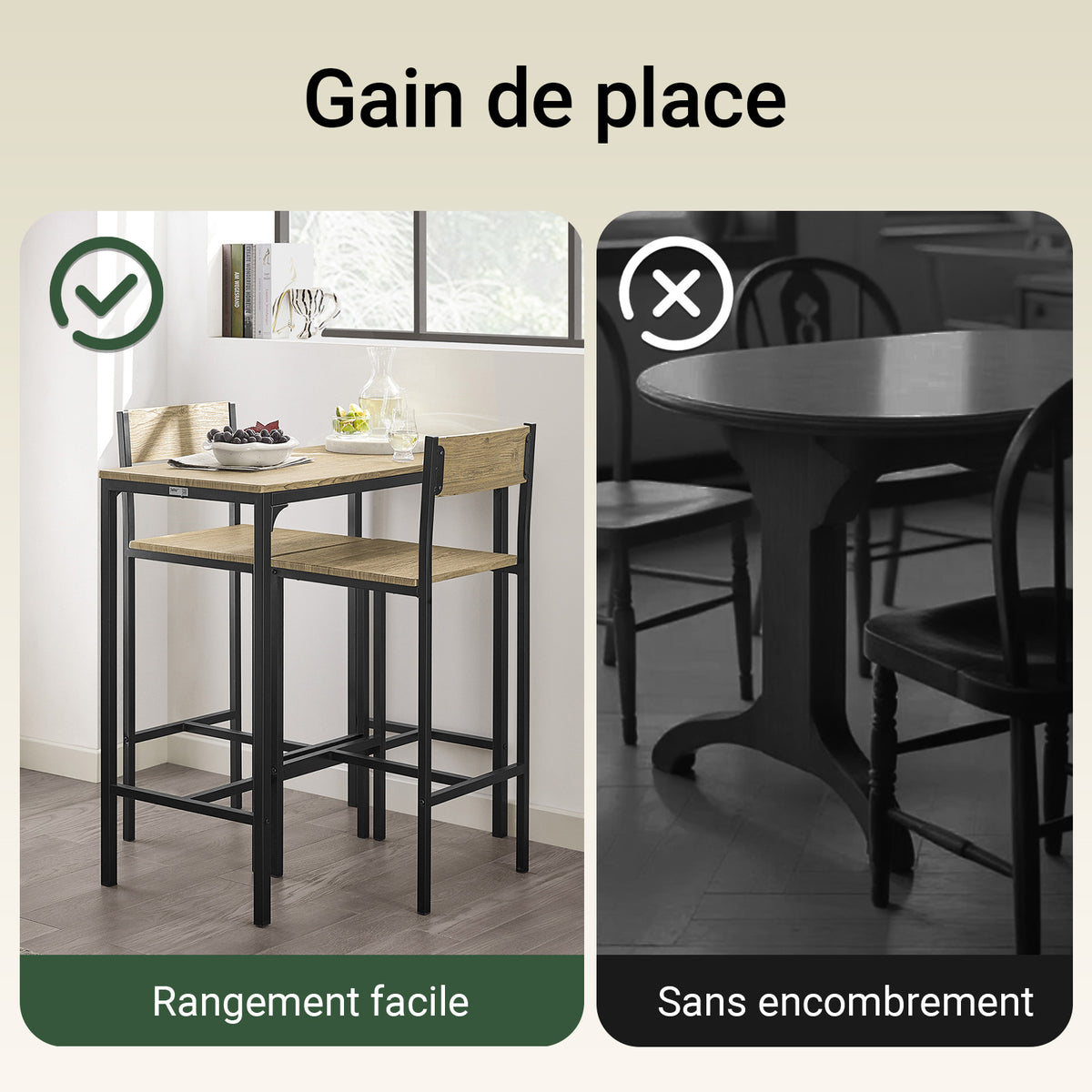 SoBuy OGT03-N Ensemble Table Haute avec 1 Table et 2 Tabourets, Format Gain de Place, Format Compact, Style Industriel, Usage Quotidien – Bois + Métal, Naturel
