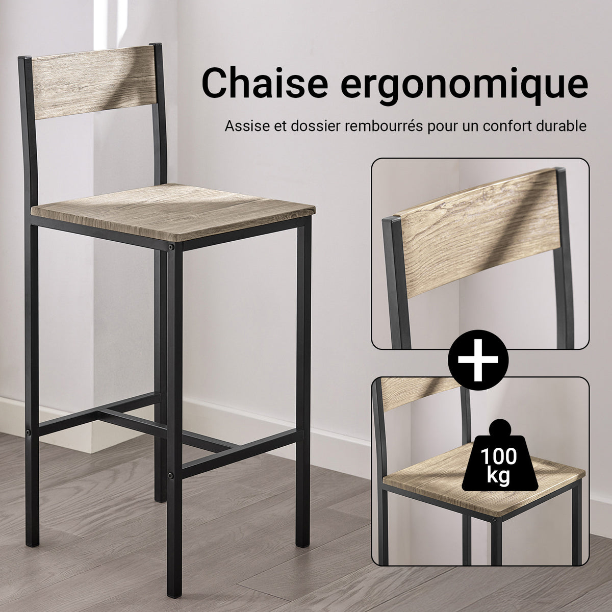 SoBuy OGT03-N Ensemble Table Haute avec 1 Table et 2 Tabourets, Format Gain de Place, Format Compact, Style Industriel, Usage Quotidien – Bois + Métal, Naturel