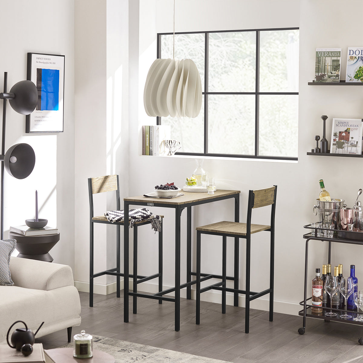 SoBuy OGT03-N Ensemble Table Haute avec 1 Table et 2 Tabourets, Format Gain de Place, Format Compact, Style Industriel, Usage Quotidien – Bois + Métal, Naturel