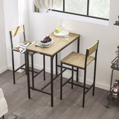 SoBuy OGT03-N Ensemble Table Haute avec 1 Table et 2 Tabourets, Format Gain de Place, Format Compact, Style Industriel, Usage Quotidien – Bois + Métal, Naturel