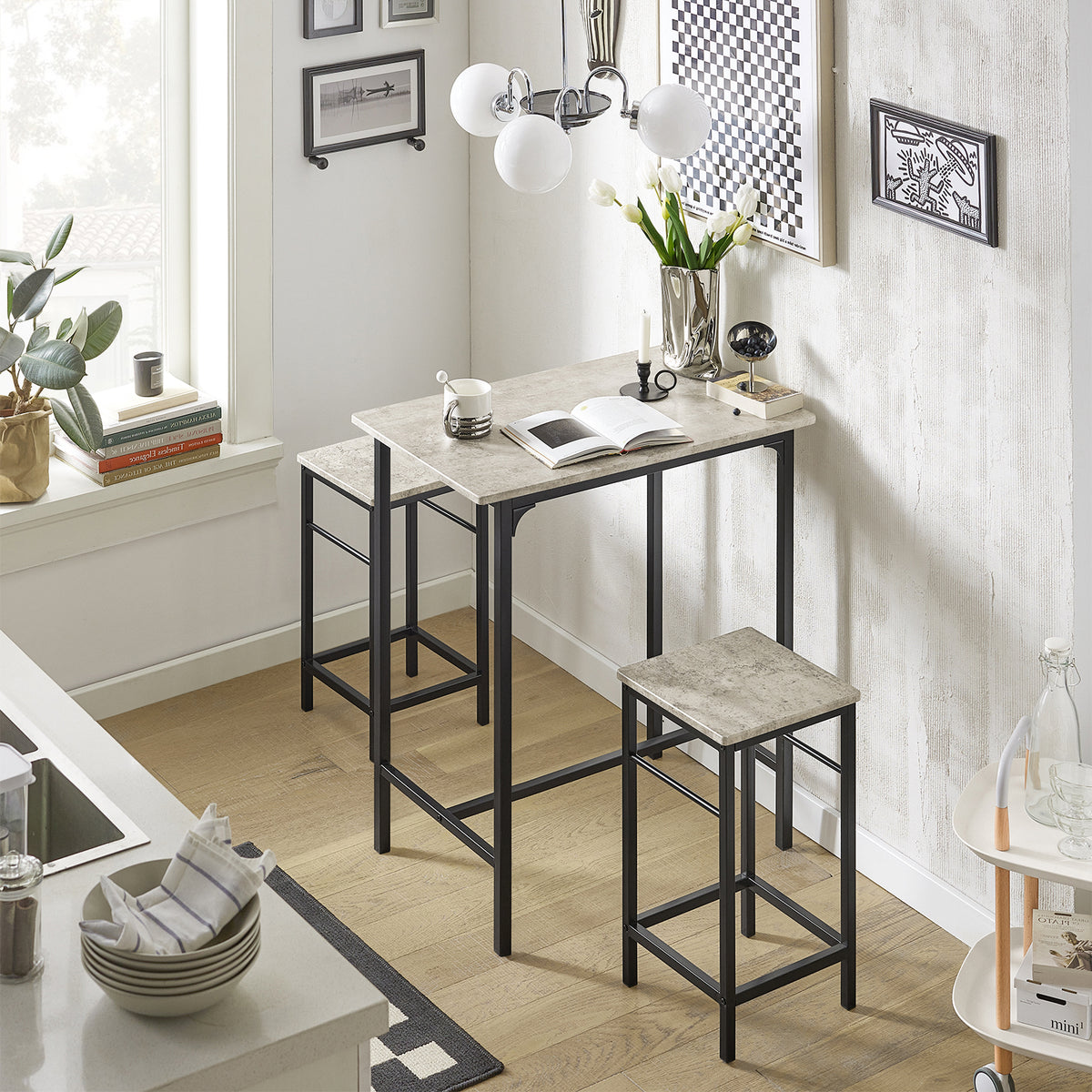 SoBuy OGT10-HG Set de 1 Table Haute + 2 Tabourets avec Repose-Pieds
