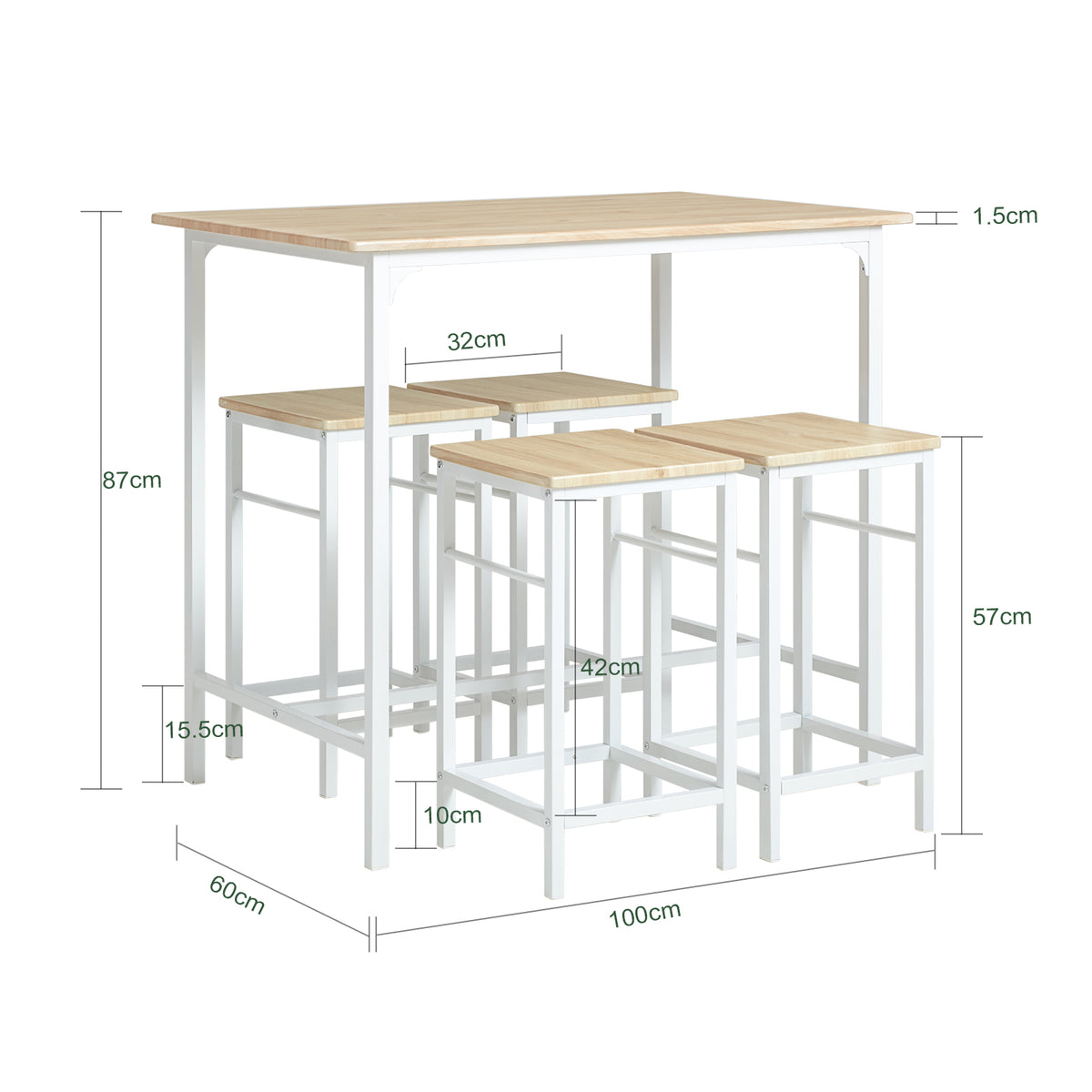 SoBuy OGT11-WN Table Haute avec 4 Tabourets – Mange-Debout Industriel 100×60 cm, Blanc/Naturel