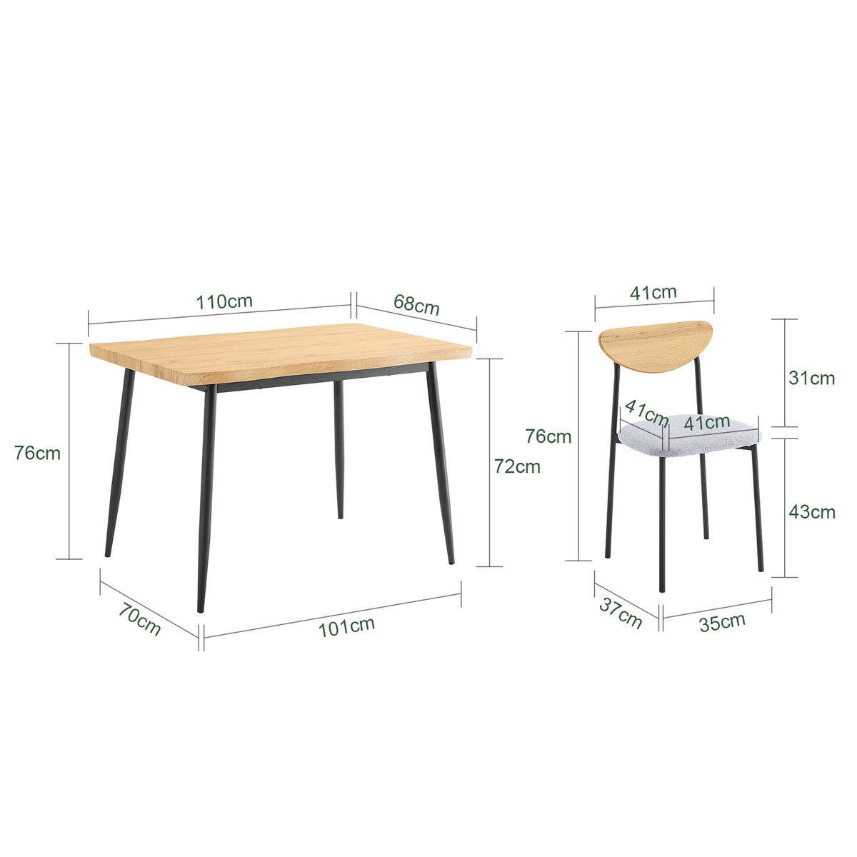 SoBuy OGT52-N Ensemble Table à Manger 5 Pièces avec 4 Chaises Rembourrées et Cadre Acier – Table L110×P70×H76 cm, Charge 150 kg/Chaise, Naturel