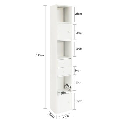 SoBuy STR10-W Meuble Colonne de Salle de Bain Armoire de Rangement Placard de Rangement Armoire sur Pied avec 2 Portes et 2 Tiroirs Blanc 33x24x188cm