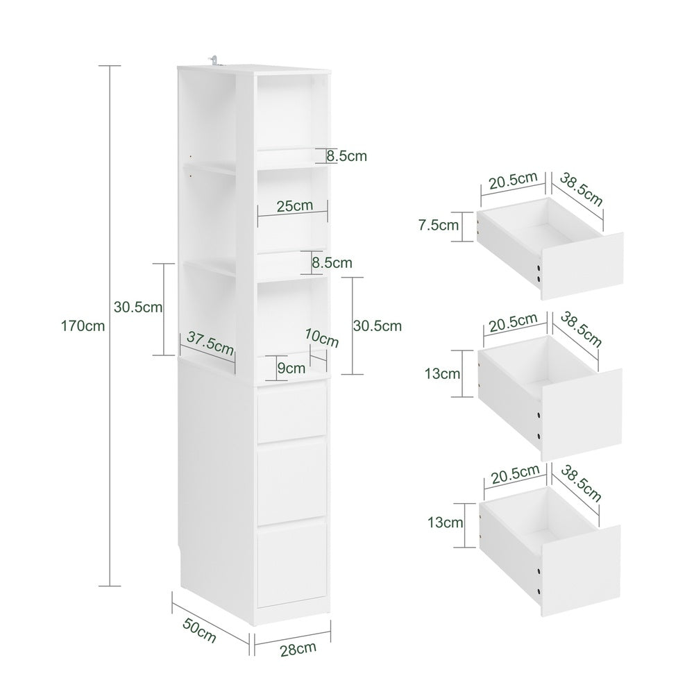 SoBuy STR15-W Étagère Blanche 4 Niveaux avec 3 Tiroirs – Meuble de Rangement Gain de Place pour Salon, Chambre, Cuisine ou Bureau, Bibliothèque Haute d'Angle 28 cm – 28×50×170 cm, Charge 58 kg