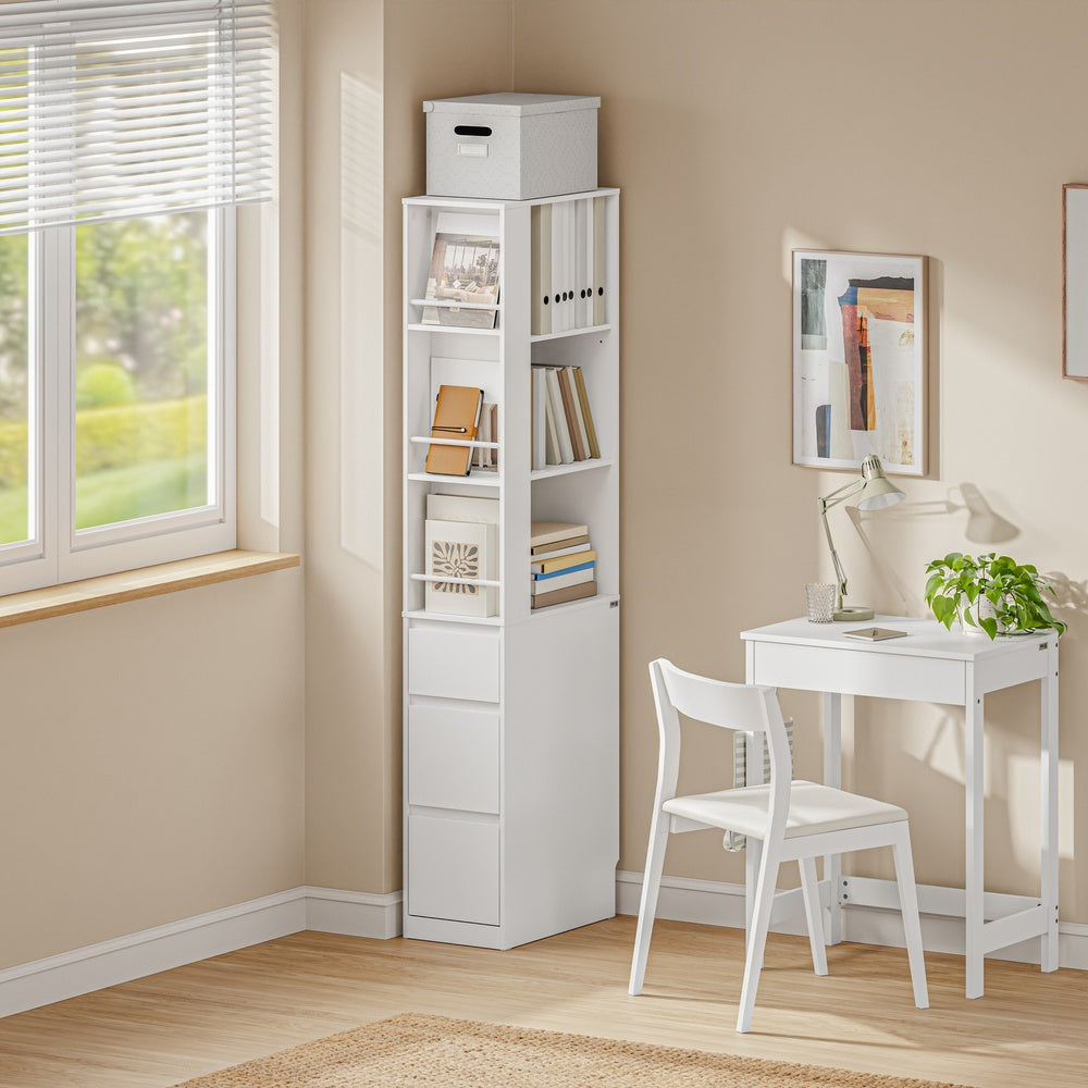 SoBuy STR15-W Étagère Blanche 4 Niveaux avec 3 Tiroirs – Meuble de Rangement Gain de Place pour Salon, Chambre, Cuisine ou Bureau, Bibliothèque Haute d'Angle 28 cm – 28×50×170 cm, Charge 58 kg