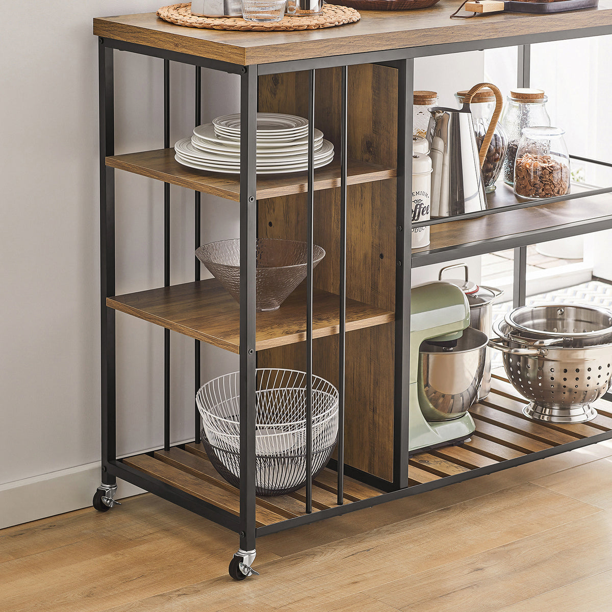 SoBuy SVW18-II-F Desserte de Cuisine à Roulettes, 3 Étagères Réglables, Barrières Anti-chute et Cadre Métallique – Style Industriel, 110×45×92 cm