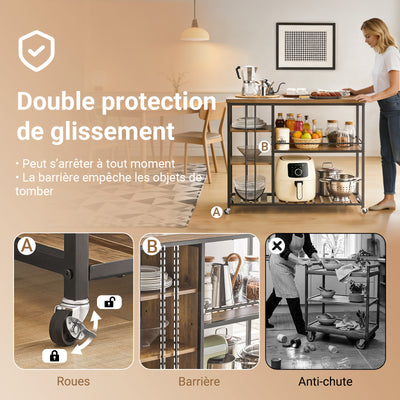 SoBuy SVW18-II-F Desserte de Cuisine à Roulettes, 3 Étagères Réglables, Barrières Anti-chute et Cadre Métallique – Style Industriel, 110×45×92 cm