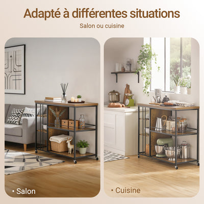 SoBuy SVW18-II-F Desserte de Cuisine à Roulettes, 3 Étagères Réglables, Barrières Anti-chute et Cadre Métallique – Style Industriel, 110×45×92 cm