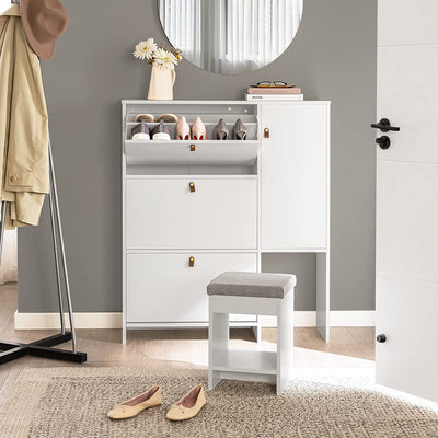 SoBuy FSR107-W Armoire à Chaussures avec Tabouret, 1 Porte et 3 Abattants, Meuble d'Entrée – 95x30x121 cm, Blanc