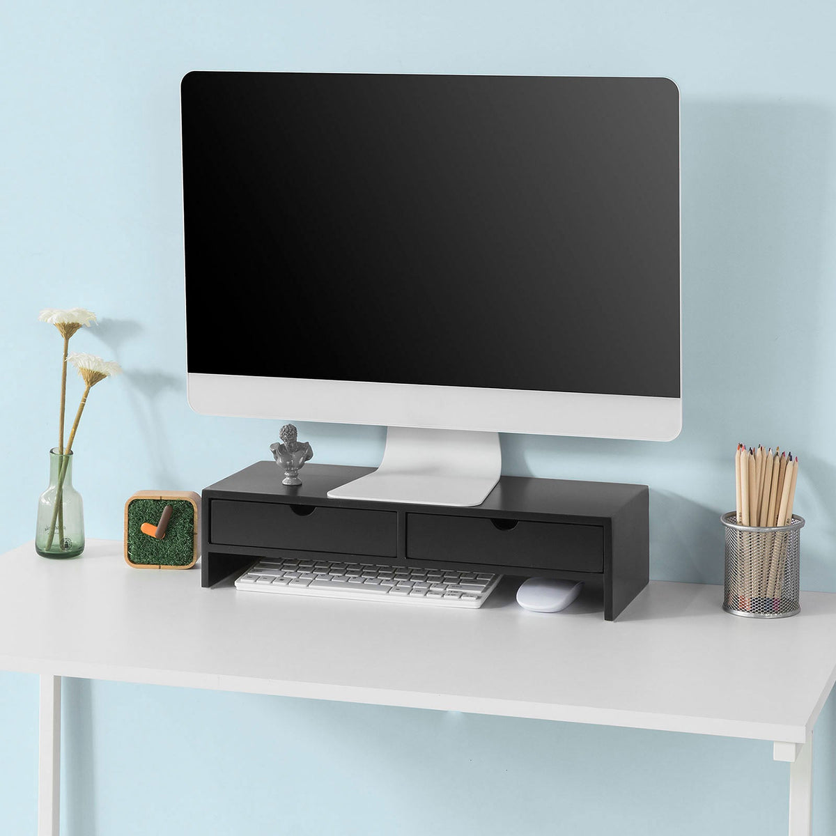 SoBuy BBF02-SCH Support Écran PC Rehausseur Ecran PC Bureau avec 2 Tiroirs et Rangement Support Moniteur Universel pour Ordinateur Portable ou Écran Noir 47x18x11cm