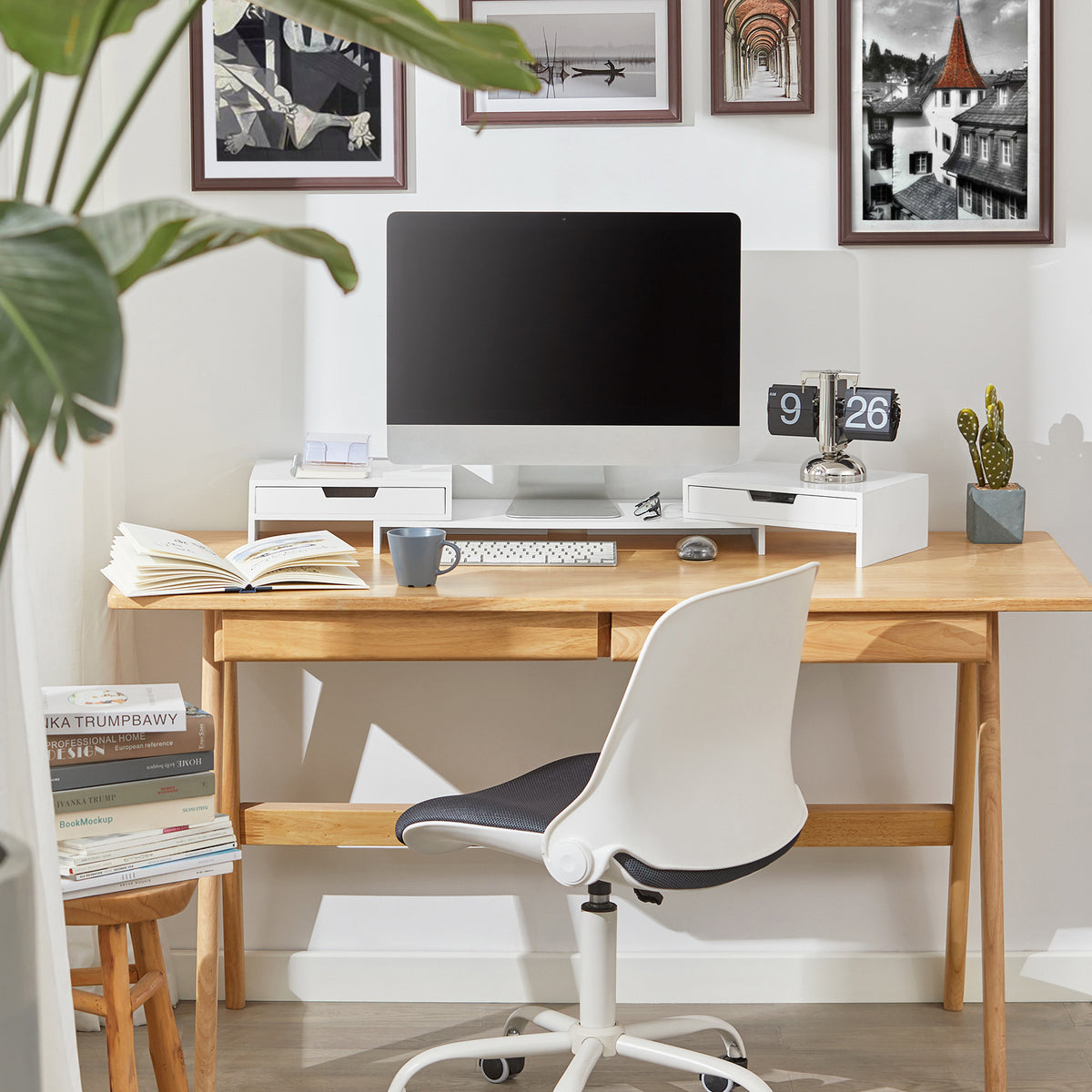 SoBuy BBF04-W Rehausseur Écran PC Bureau avec 2 Tiroirs Support Écran PC Rehausseur Ordinateur Portable Support Moniteur Réglable Blanc 60–107x22x11cm
