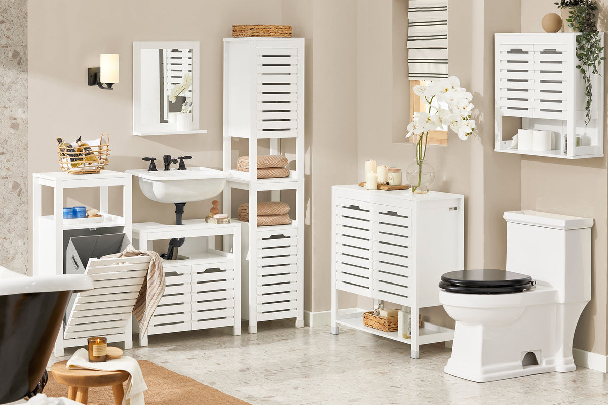 SoBuy BZR67-W Meuble Bas Armoire Toilette avec 1 Panier bac à Linge basculant Meuble de Rangement Corbeille à Linge Coffre à Linge