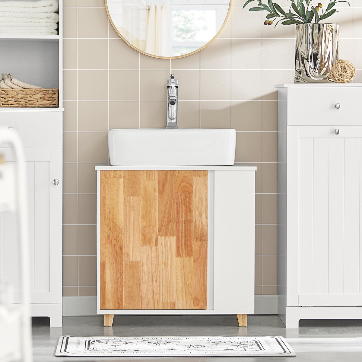 SoBuy BZR75-W Meuble sous Lavabo, Meuble sous Vasque, Armoire Salle de Bain avec Porte et 2 Compartiments Latéral