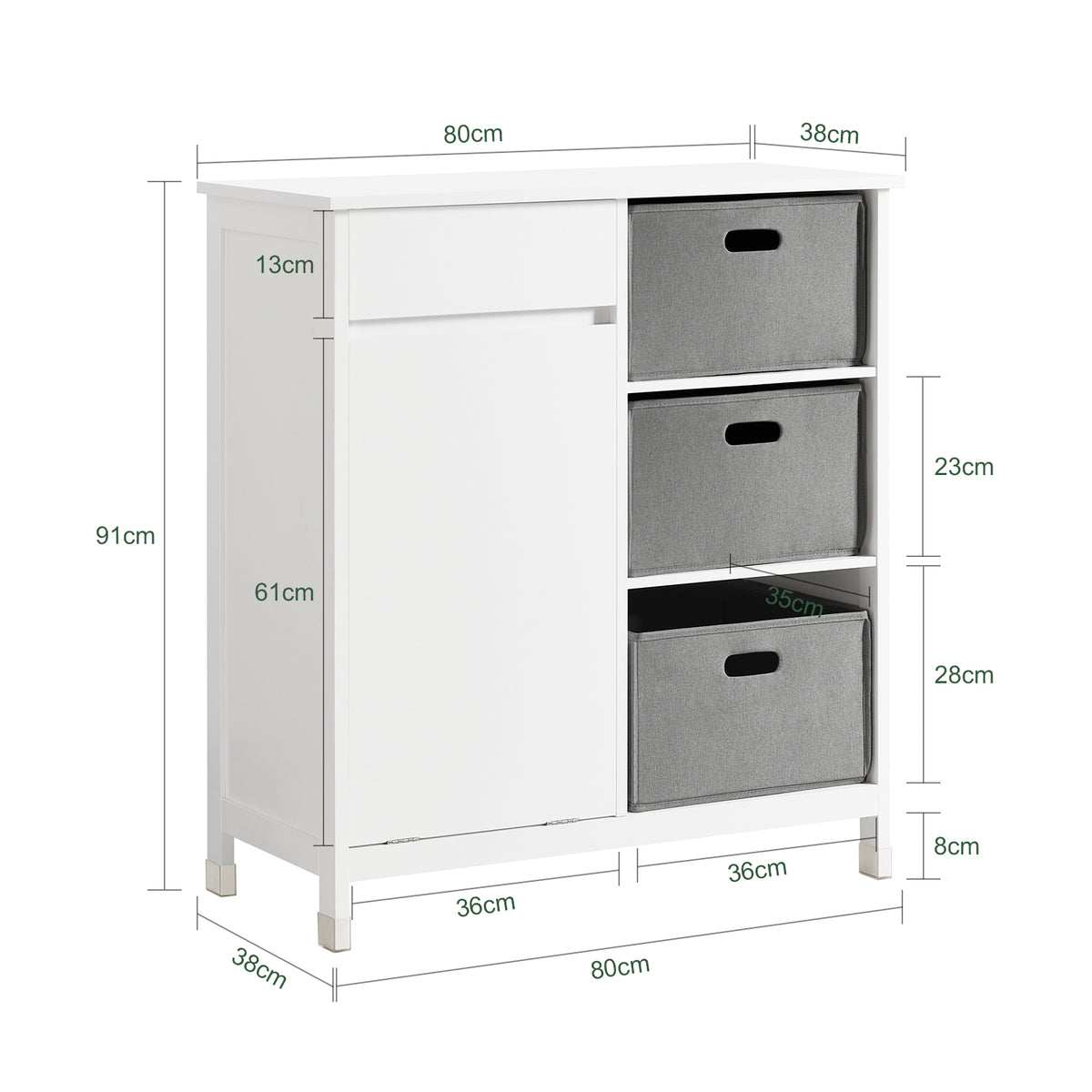 SoBuy BZR77-W Meuble de Salle de Bain avec Paniers à Linge, Armoire à Linge avec 3 Paniers et Tiroir, Armoire de Salle de Bain en Bois, Corbeille à Linge, Blanc, 80x91x38cm