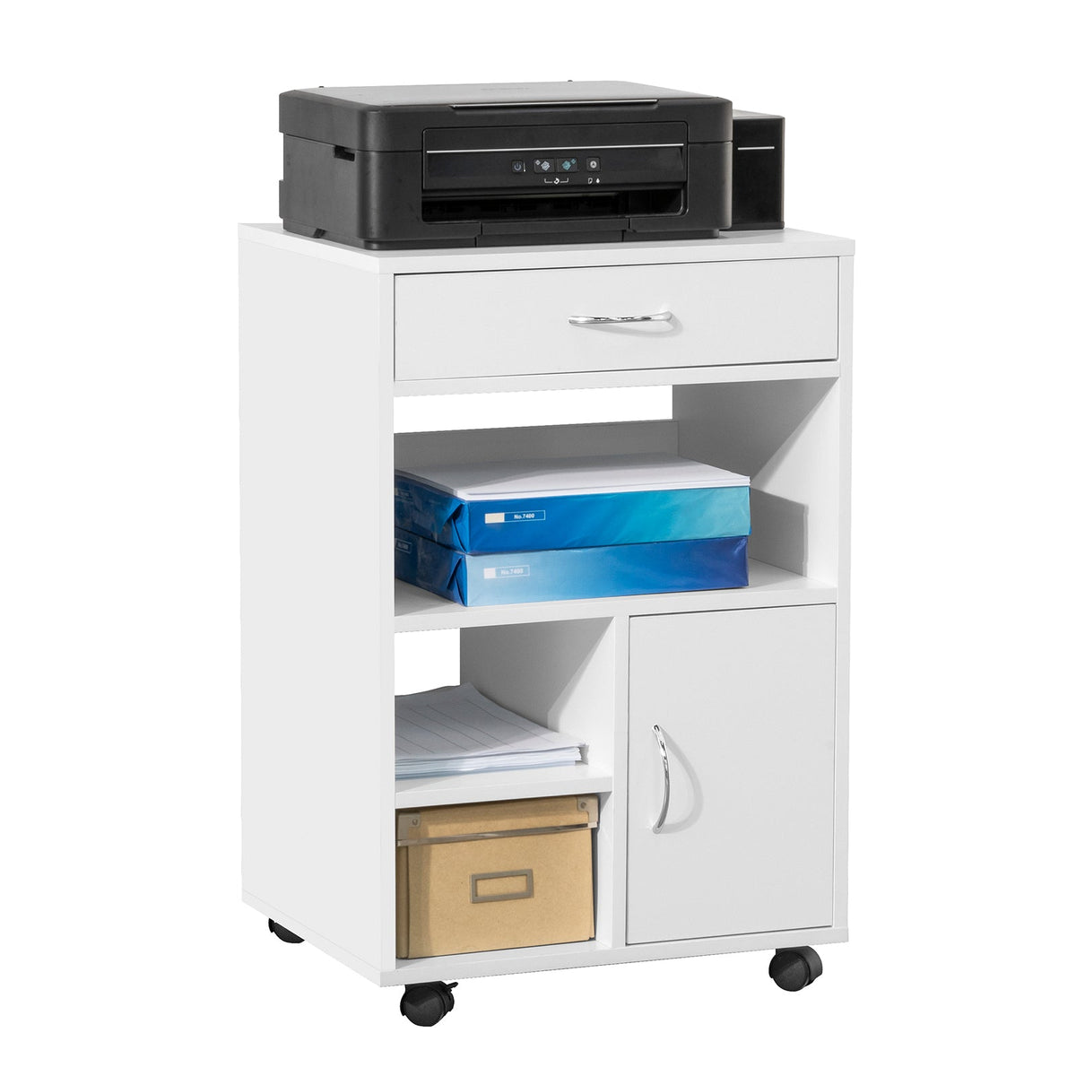 SoBuy FBT106-W Support Imprimante Roulant Bureau Mobile Caisson Meuble de Rangement Bureau avec tiroir et porte Blanc