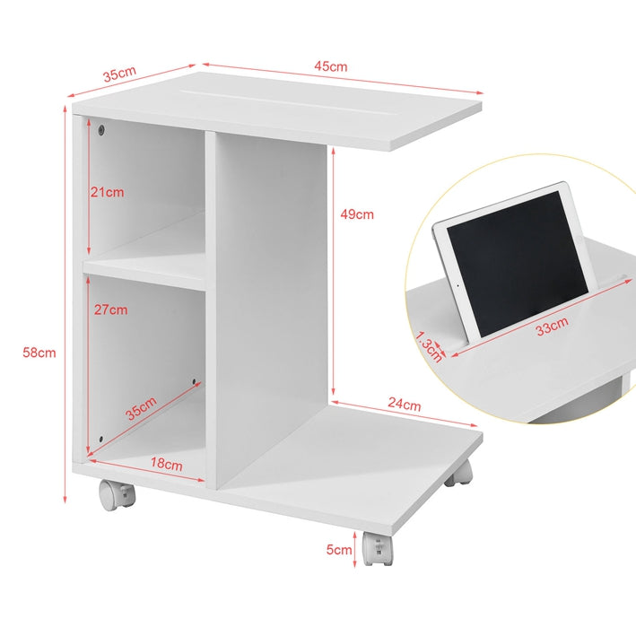 SoBuy FBT48-W Table d'appoint C-Fonctionnelle avec 2 étagères de Rangement & Support pour Tablette, Table Basse Moderne sur roulettes, Blanche