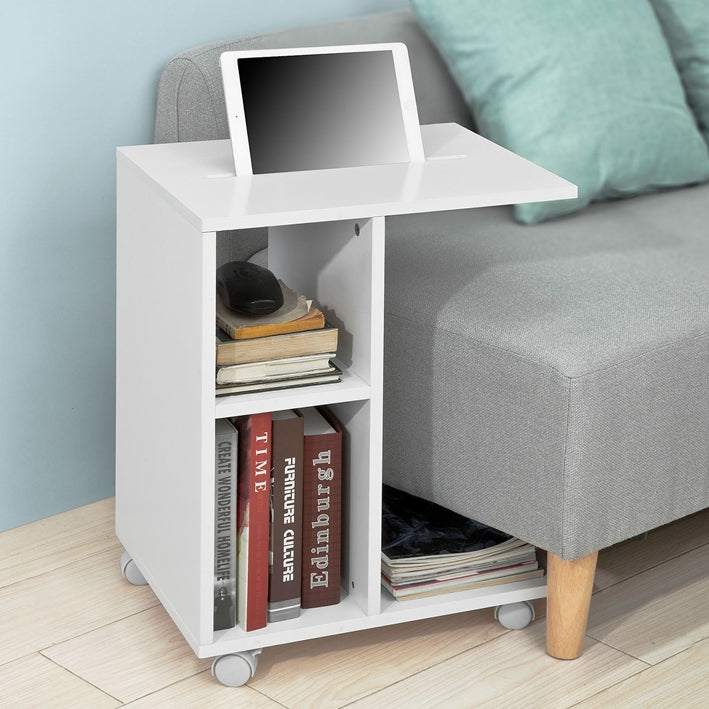 SoBuy FBT48-W Table d'appoint C-Fonctionnelle avec 2 étagères de Rangement & Support pour Tablette, Table Basse Moderne sur roulettes, Blanche