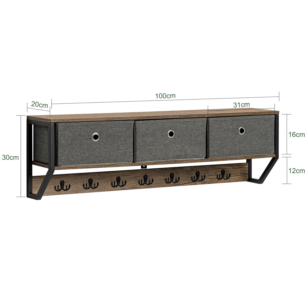 SoBuy FHK26-N Portemanteau Mural Meuble d’Entrée Vestiaire Portant à Vêtements Étagère Murale avec 3 Paniers et 7 Crochets Doubles, Style Industriel 100x20x30 cm