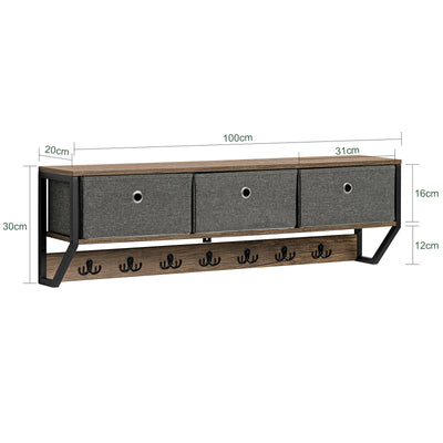 SoBuy FHK26-N Portemanteau Mural Meuble d’Entrée Vestiaire Portant à Vêtements Étagère Murale avec 3 Paniers et 7 Crochets Doubles, Style Industriel 100x20x30 cm