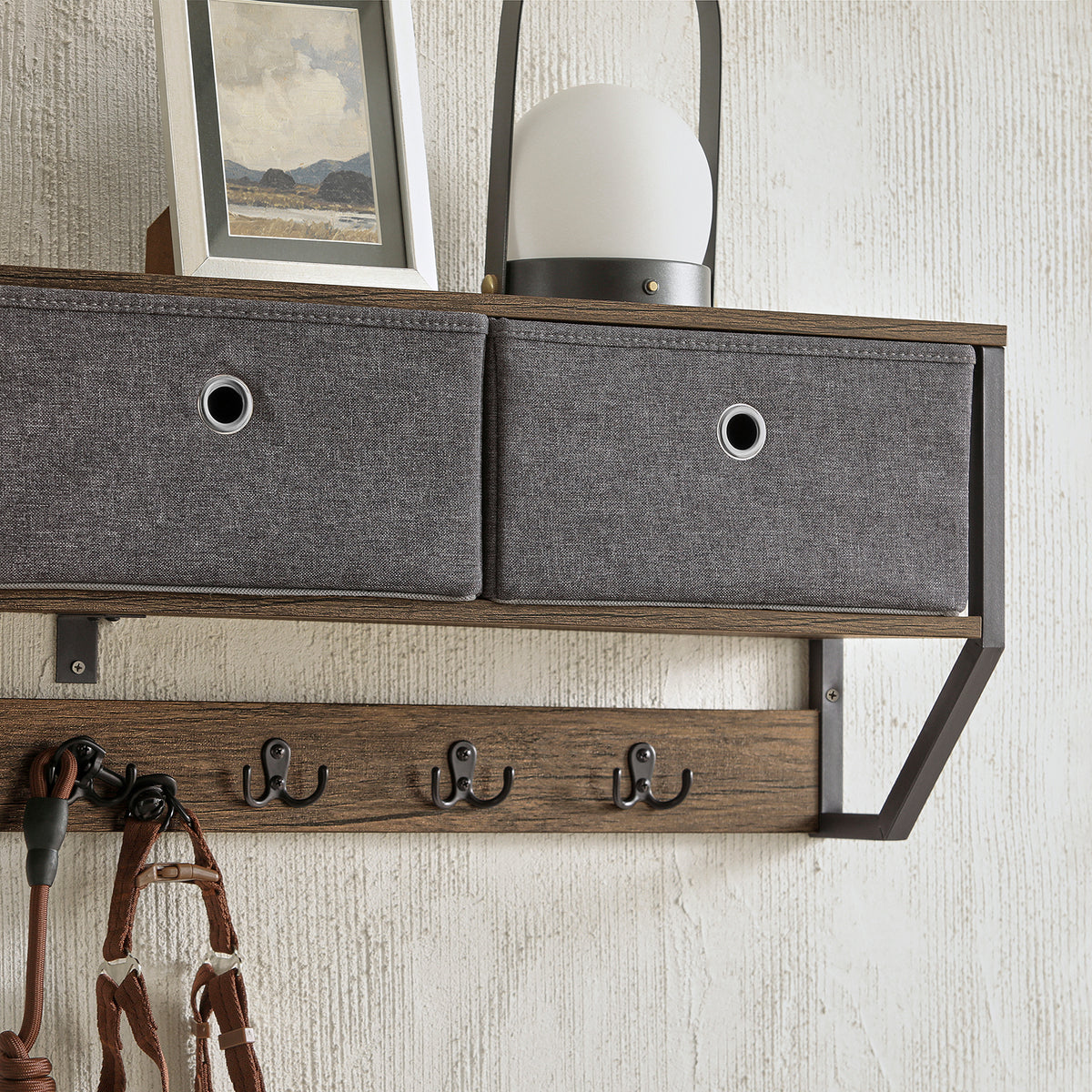SoBuy FHK26-N Portemanteau Mural Meuble d’Entrée Vestiaire Portant à Vêtements Étagère Murale avec 3 Paniers et 7 Crochets Doubles, Style Industriel 100x20x30 cm