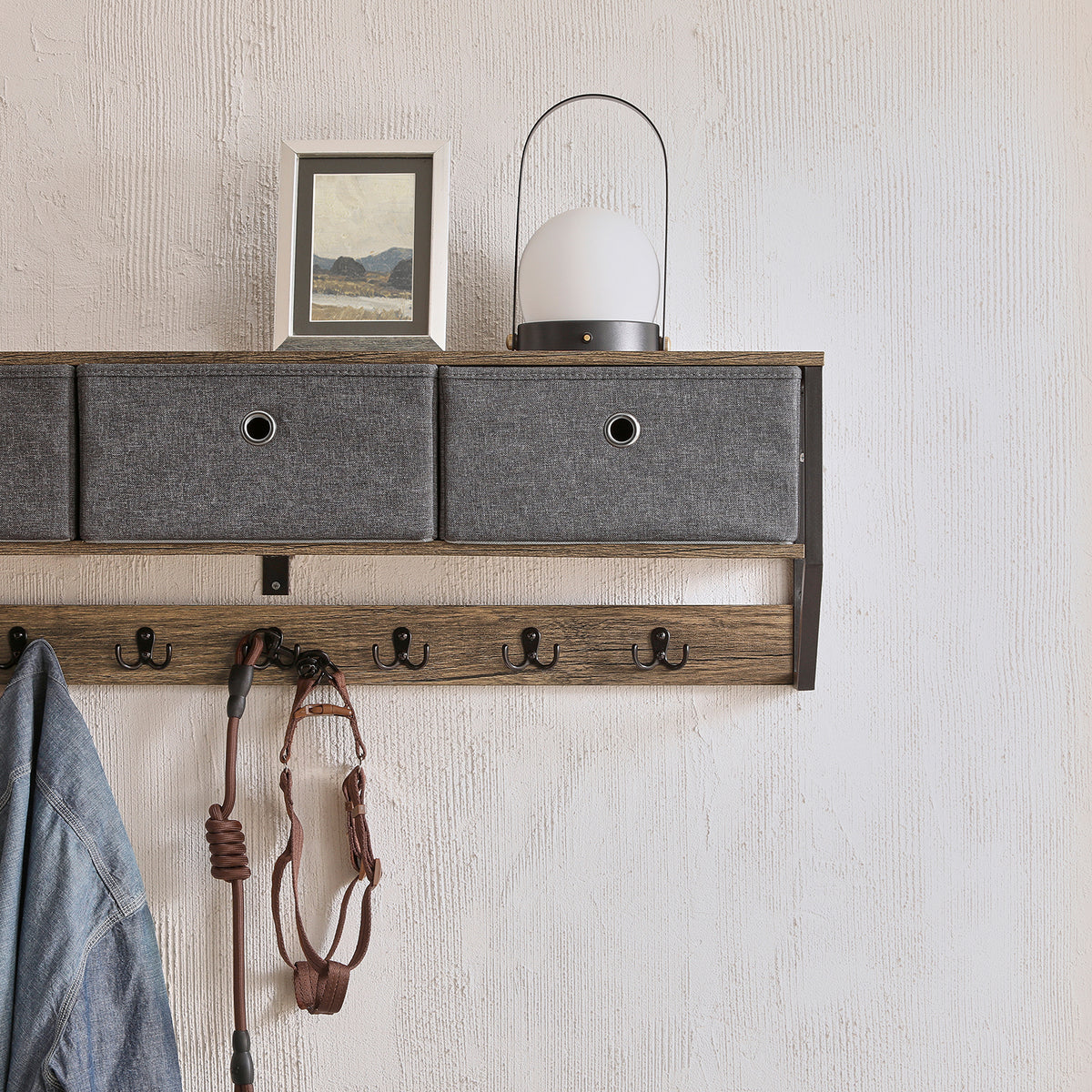 SoBuy FHK26-N Portemanteau Mural Meuble d’Entrée Vestiaire Portant à Vêtements Étagère Murale avec 3 Paniers et 7 Crochets Doubles, Style Industriel 100x20x30 cm
