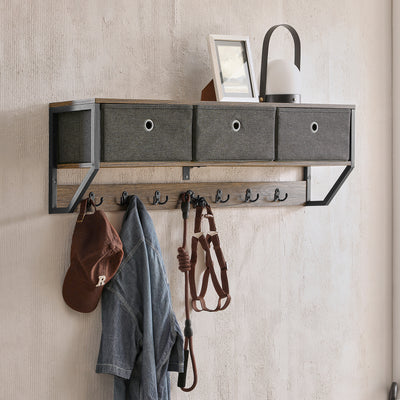 SoBuy FHK26-N Portemanteau Mural Meuble d’Entrée Vestiaire Portant à Vêtements Étagère Murale avec 3 Paniers et 7 Crochets Doubles, Style Industriel 100x20x30 cm