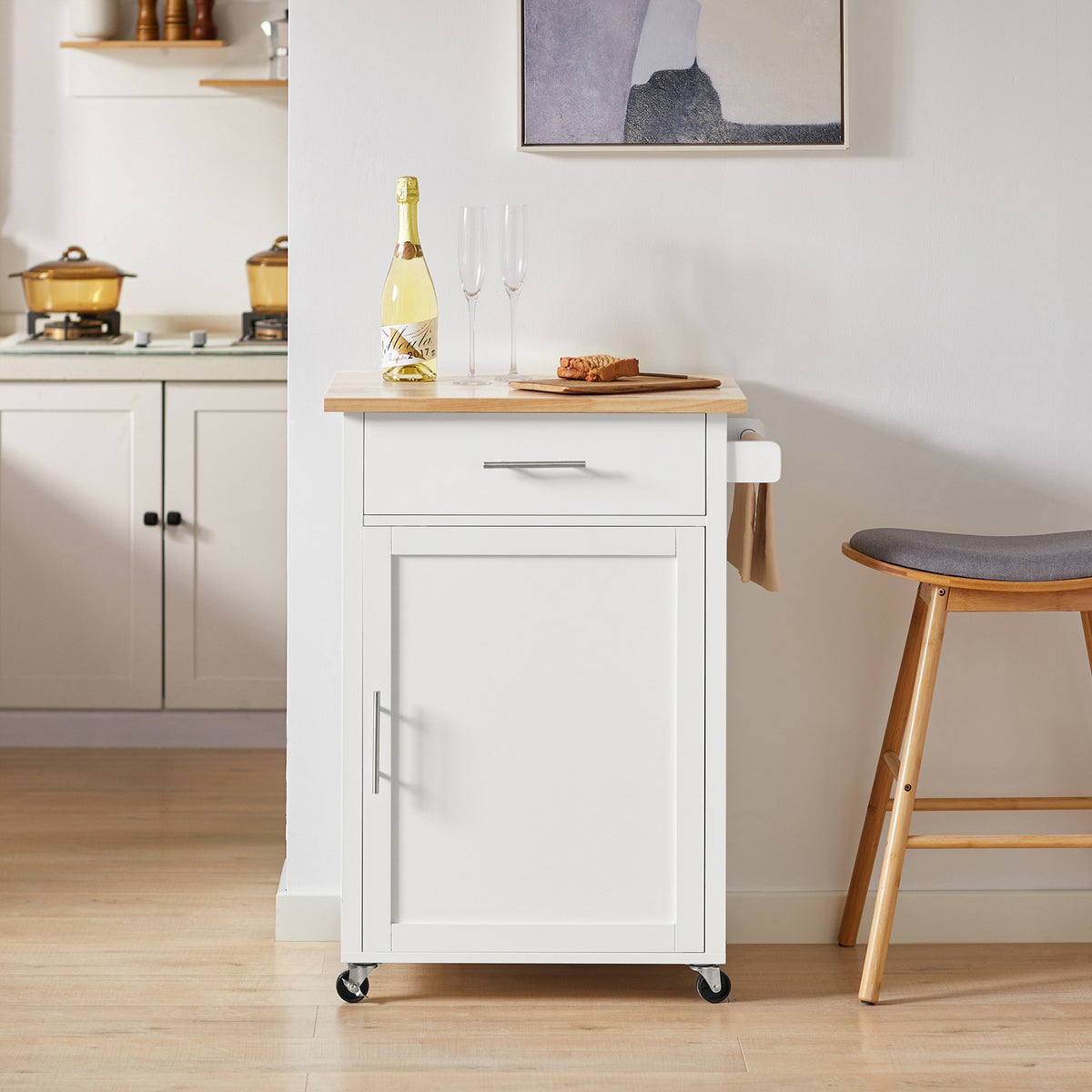 SoBuy FKW102-WN Desserte de Cuisine à Roulettes avec Plan de Travail, 1 Tiroir, 1 Porte et Porte-Torchon, Charge 45 kg – 68x46x90 cm, Blanc et Naturel