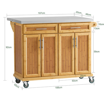 SoBuy FKW69-N Desserte de Cuisine à Roulettes, Plan de Travail INOX Extensible 46→71cm, 2 Tiroirs, Étagères Réglables, Charge 100 kg – 115x46x92 cm
