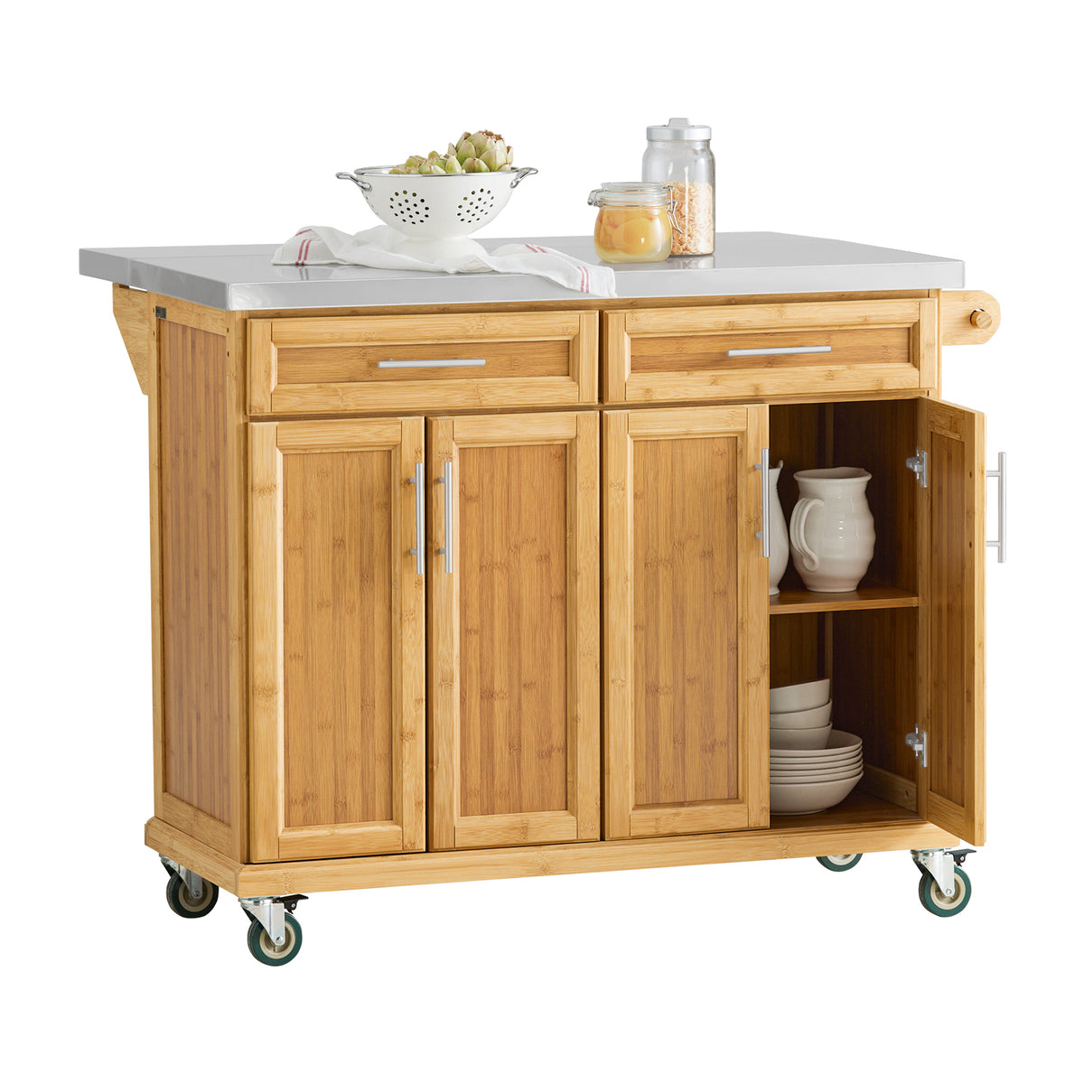SoBuy FKW69-N Desserte de Cuisine à Roulettes, Plan de Travail INOX Extensible 46→71cm, 2 Tiroirs, Étagères Réglables, Charge