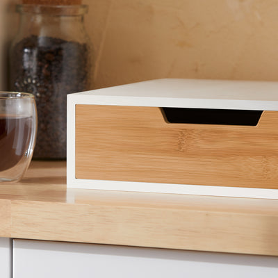 sebuyfr.comG179-WN Boîte à Thé avec Tiroir, Format Compact, Rangement Optimisé, Design Fonctionnel, Usage Quotidien – L31×P30×H10 cm, Bois, Blanc et Naturel