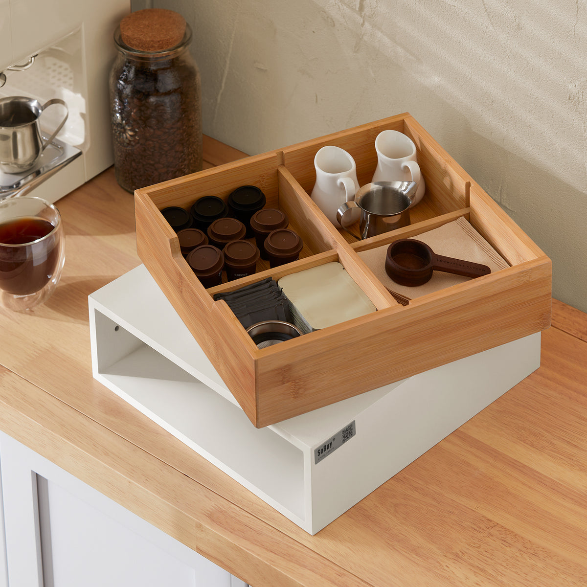 sebuyfr.comG179-WN Boîte à Thé avec Tiroir, Format Compact, Rangement Optimisé, Design Fonctionnel, Usage Quotidien – L31×P30×H10 cm, Bois, Blanc et Naturel