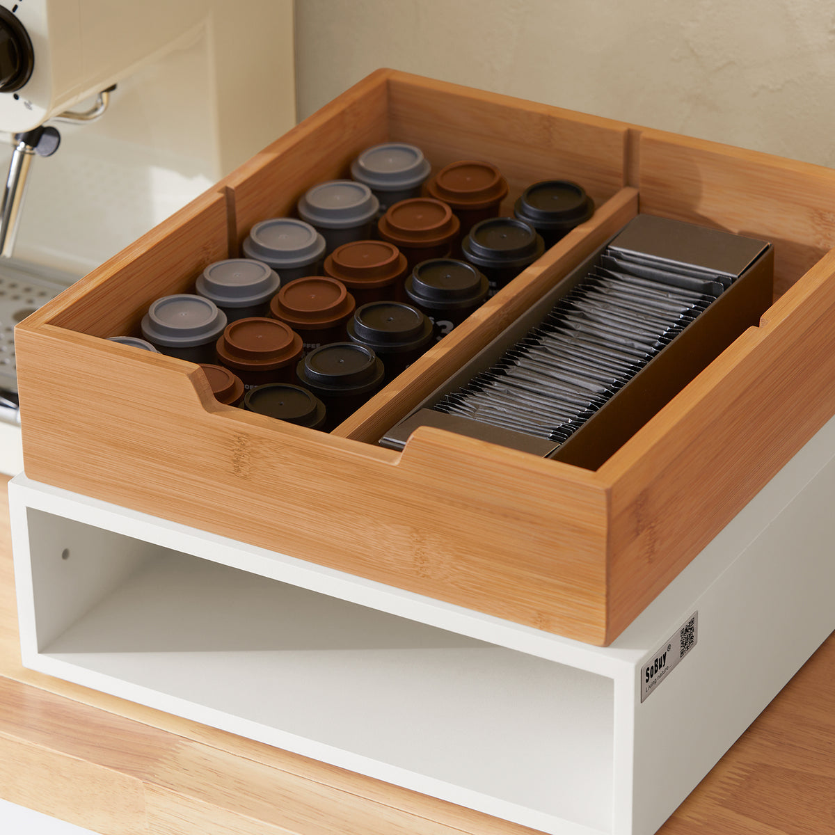 sebuyfr.comG179-WN Boîte à Thé avec Tiroir, Format Compact, Rangement Optimisé, Design Fonctionnel, Usage Quotidien – L31×P30×H10 cm, Bois, Blanc et Naturel