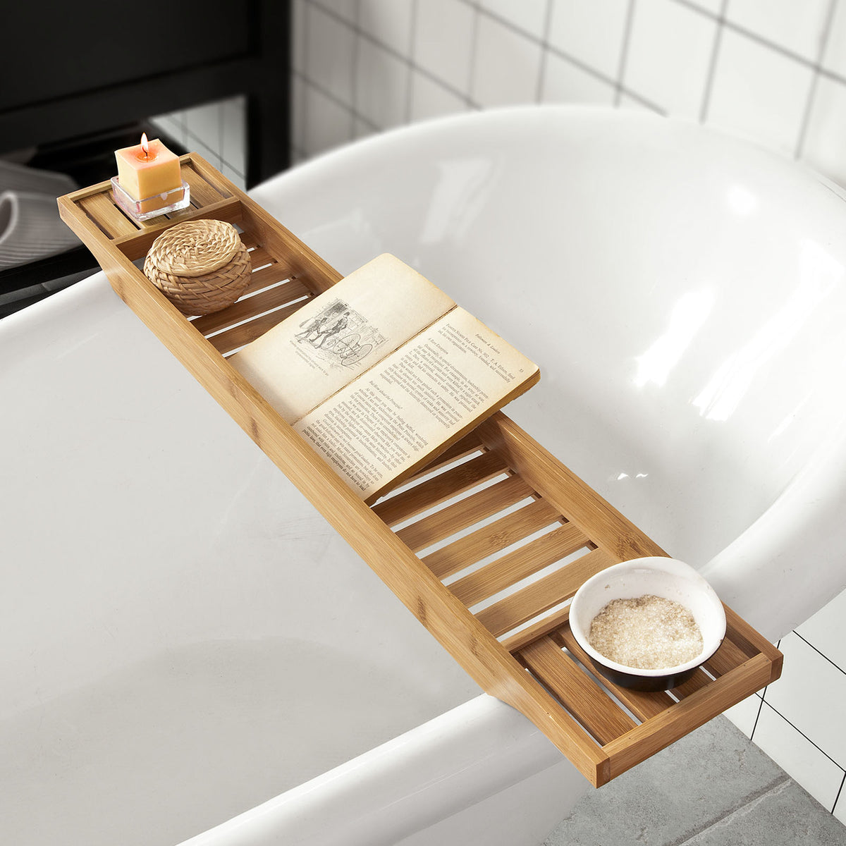 sebuyfr.comG212-N Plateau de Baignoire Extra Long et Verni avec Support Verre à Vin et Bougie, Design Fonctionnel, Usage Quotidien, Pratique – Bambou, Naturel