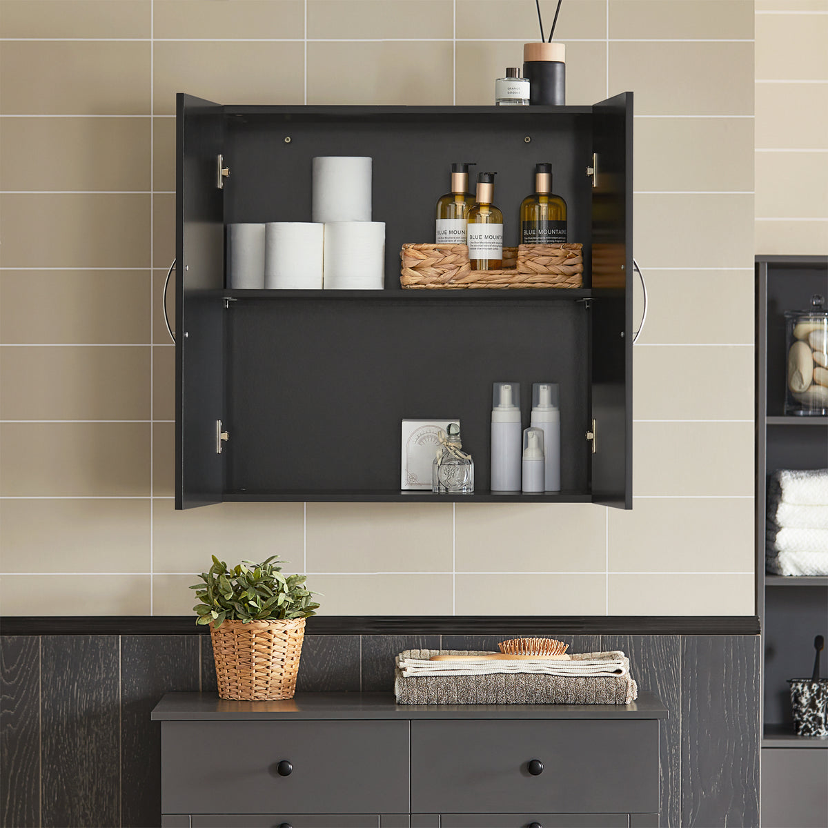 sebuyfr.comG231-SCH Meuble Haut Salle de Bain Suspendu Armoire Murale avec Étagère Réglable et Porte Rangement Mural Compact pour Salle de Bain, WC ou Cuisine Noir L60xP30xH60 cm