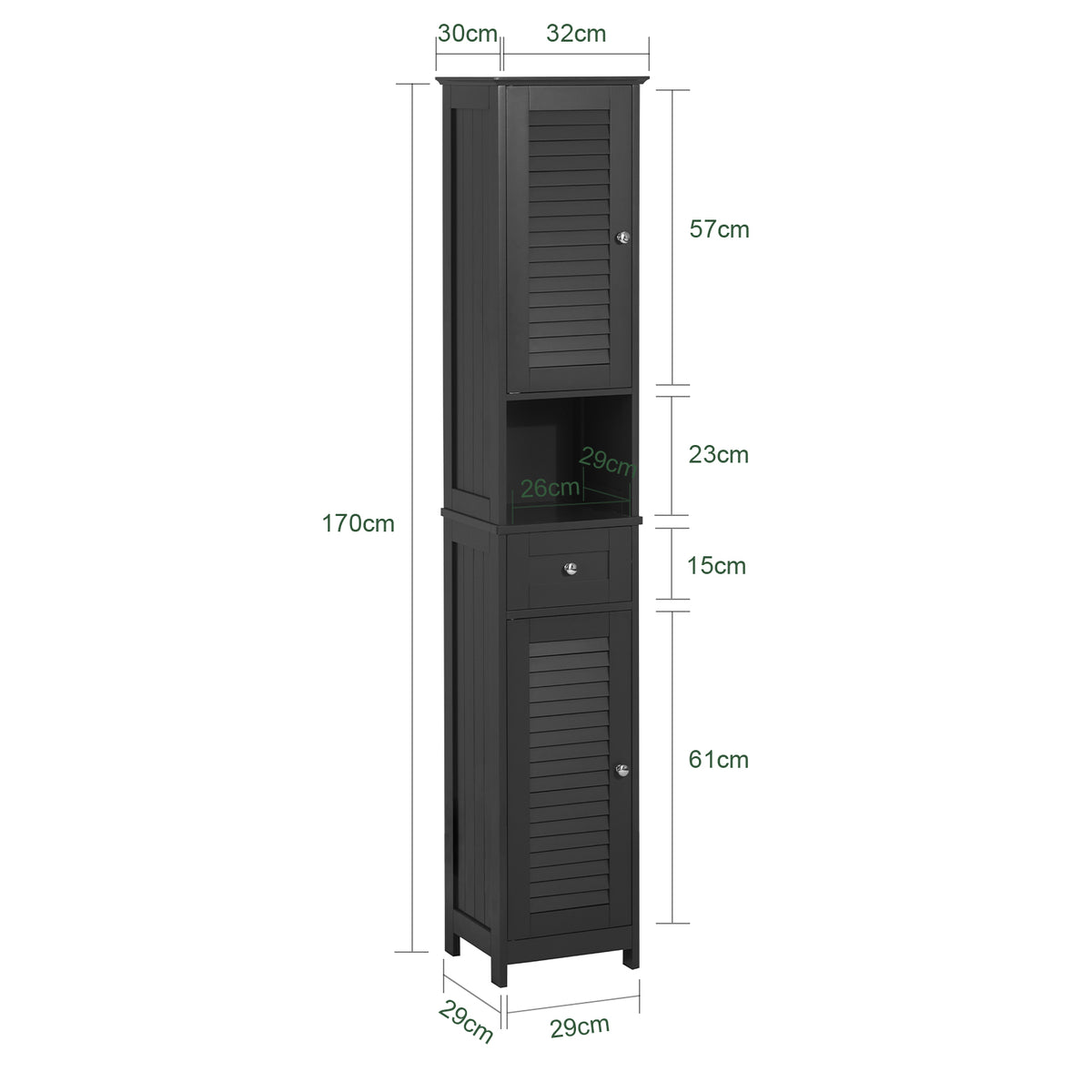 sebuyfr.comG236-DG Colonne Salle de Bain avec 2 Portes, 1 Tiroir et Niche Ouverte, pour Salle de Bain et WC, Rangement Optimisé – L32×P30×H170 cm, Gris Foncé