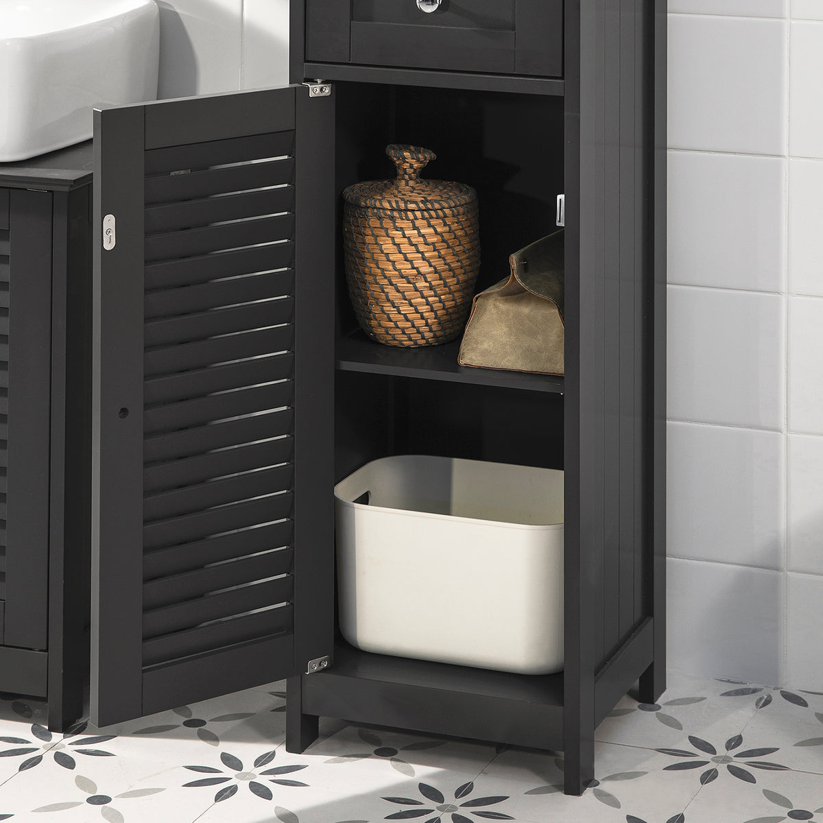 sebuyfr.comG236-DG Colonne Salle de Bain avec 2 Portes, 1 Tiroir et Niche Ouverte, pour Salle de Bain et WC, Rangement Optimisé – L32×P30×H170 cm, Gris Foncé