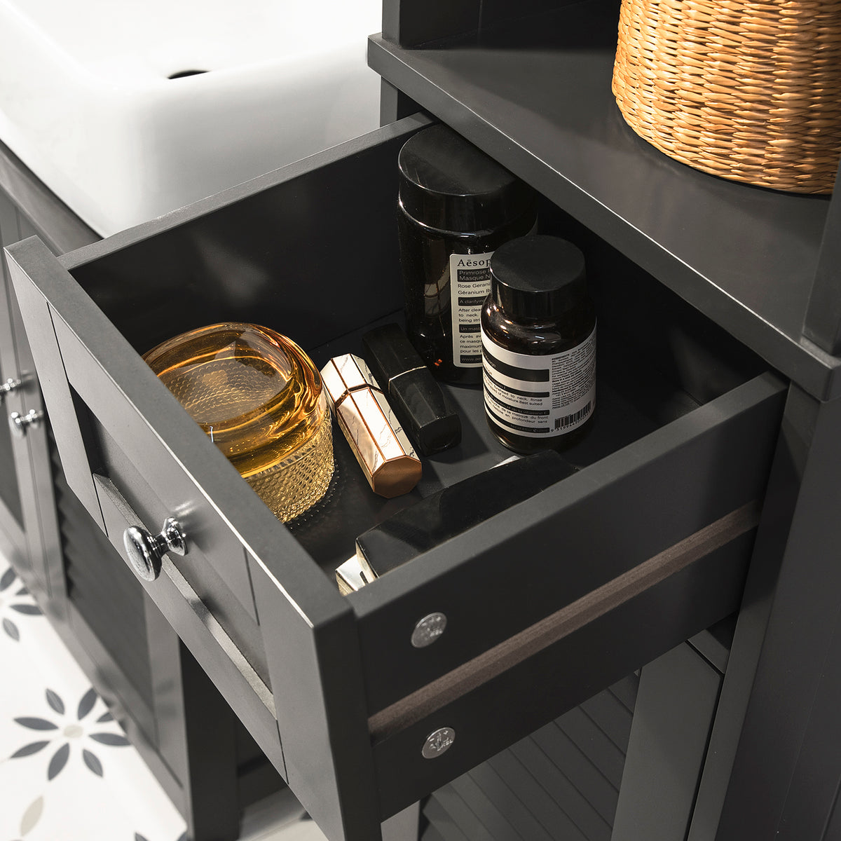sebuyfr.comG236-DG Colonne Salle de Bain avec 2 Portes, 1 Tiroir et Niche Ouverte, pour Salle de Bain et WC, Rangement Optimisé – L32×P30×H170 cm, Gris Foncé