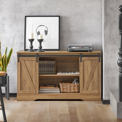 SoBuy FSB60-BR Buffet Meuble de Rangement avec Porte de Grange Coulissante, Commode Multifonction pour Entrée Salon Cuisine – 120x40x70 cm, Marron Clair
