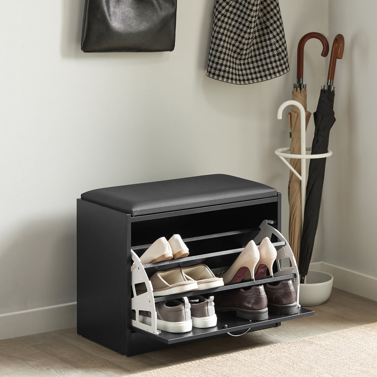 SoBuy FSR16-SCH Banc Armoire à Chaussures 1 abattant avec Coussin Meuble d’entrée Coffre Rangement pour Chaussures, N