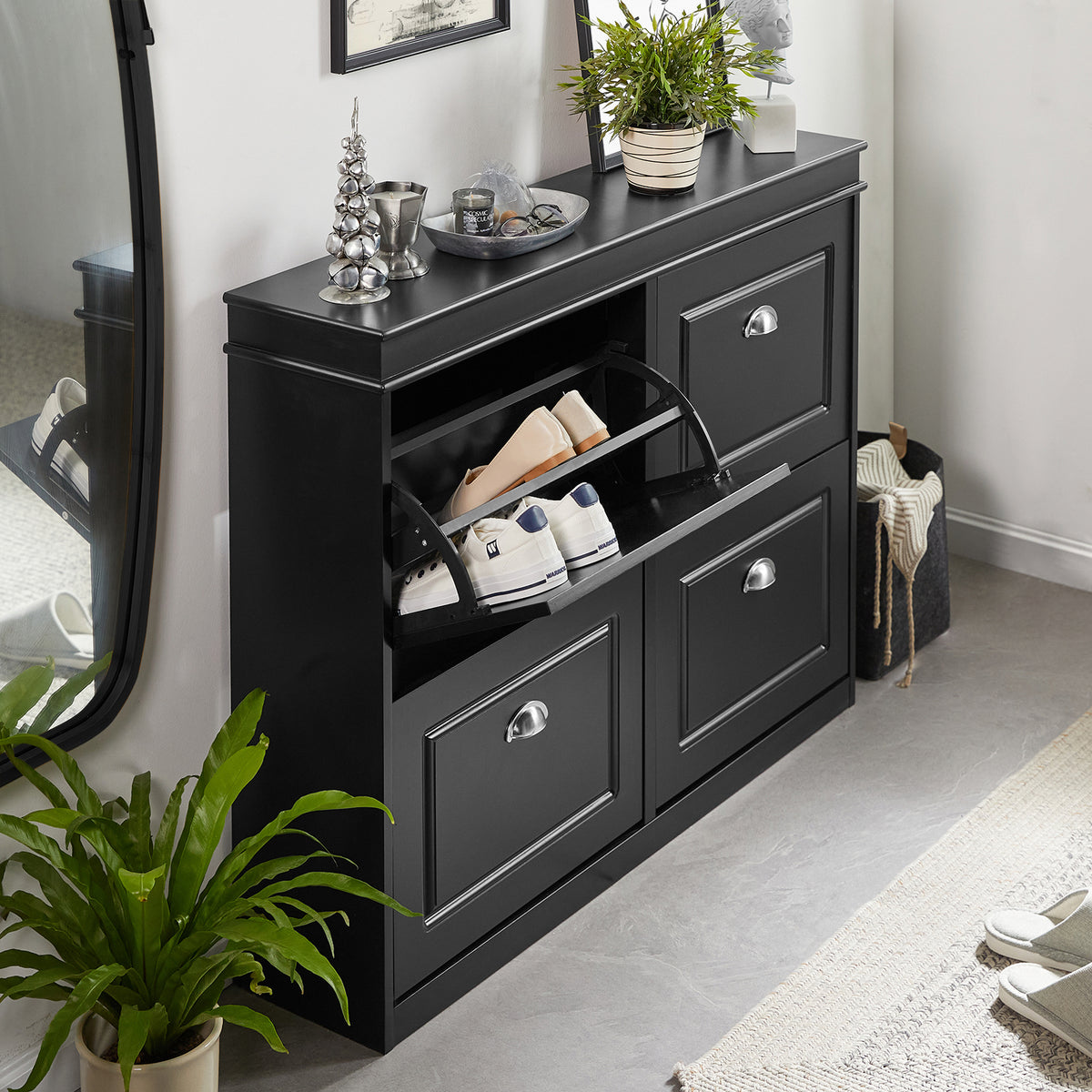 SoBuy FSR79-SCH Armoire à Chaussures 4 Abattants – Séparateurs Réglables, Dos Aéré, Certifiée FSC® – 105×24×83 cm, Noir