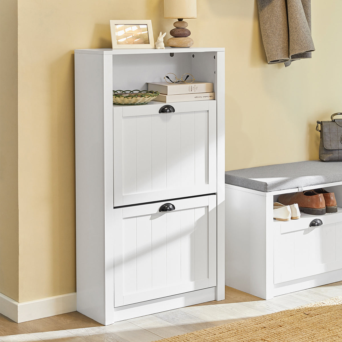 SoBuy FSR87-K-W Armoire à Chaussures 2 Abattants et Compartiment Ouvert – 60×24×110 cm, 50 kg, MDF E1, Blanc