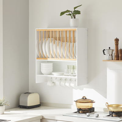 SoBuy KCR09-W Porte-Assiettes Mural avec Étagère et 7 Crochets – 11 Assiettes Ø35 cm, 64×24×71 cm, 10 kg, Blanc